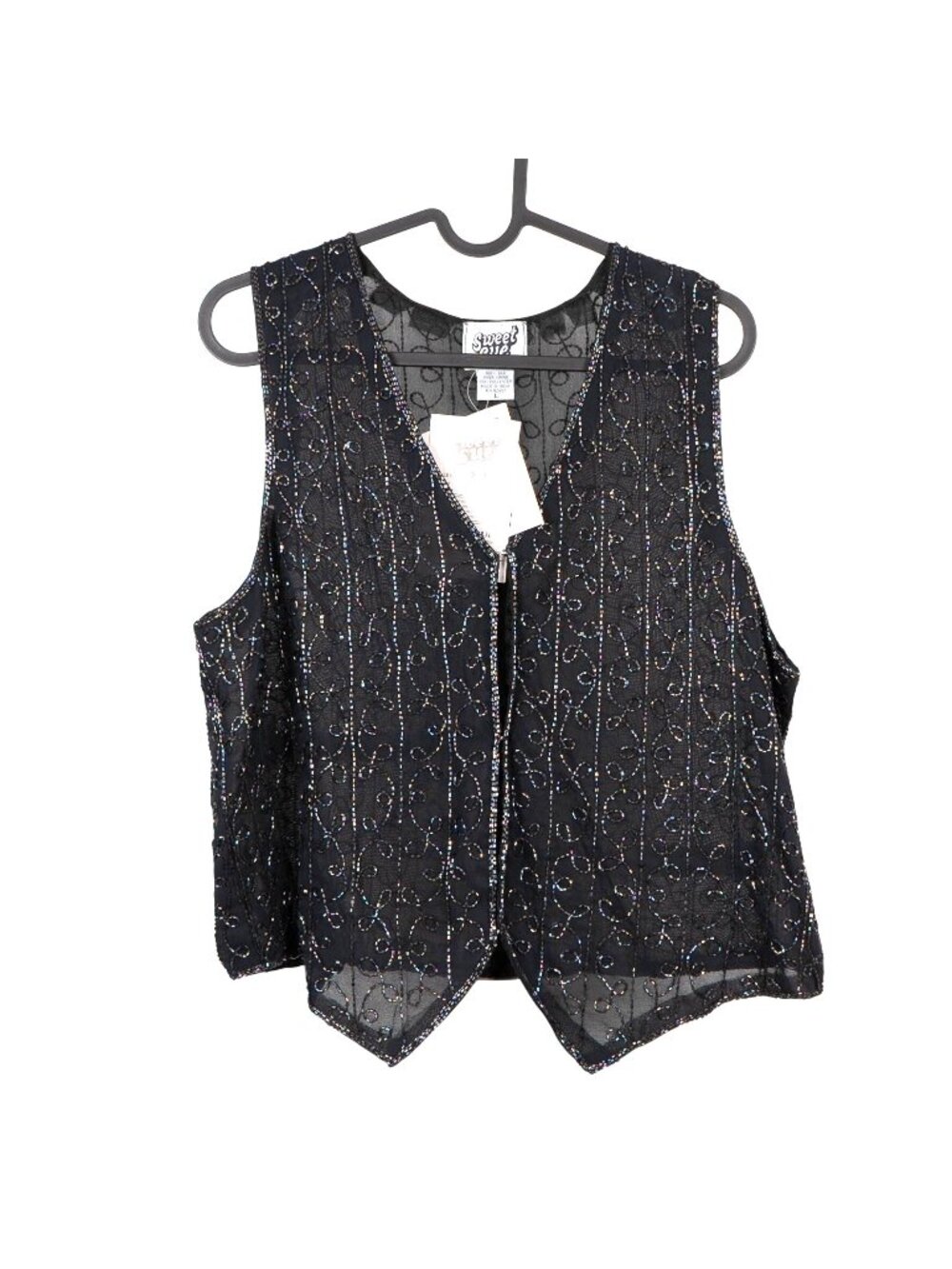 Beaded VTG Silk Vest L Black Sheer Boho Hippie Fairy Whimsigoth Indie Glam Rock